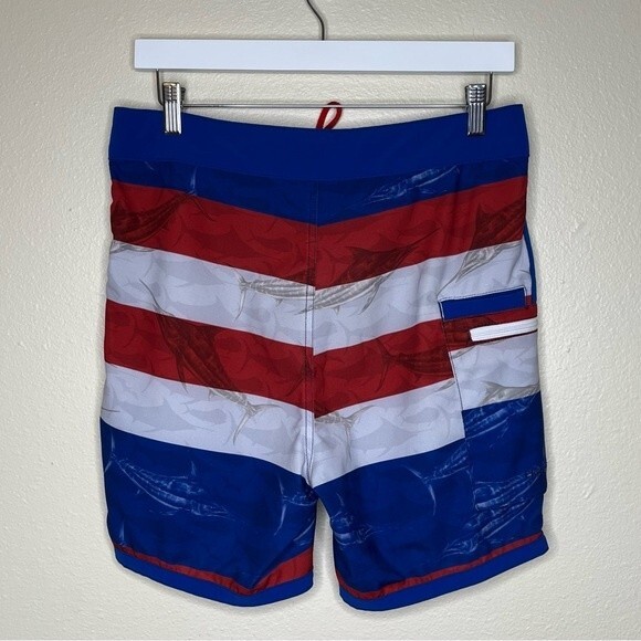 Huk Performance Fishing KC Scott Blue Marlin Board Shorts Flag Patriotic Men 30 - Picture 8 of 14